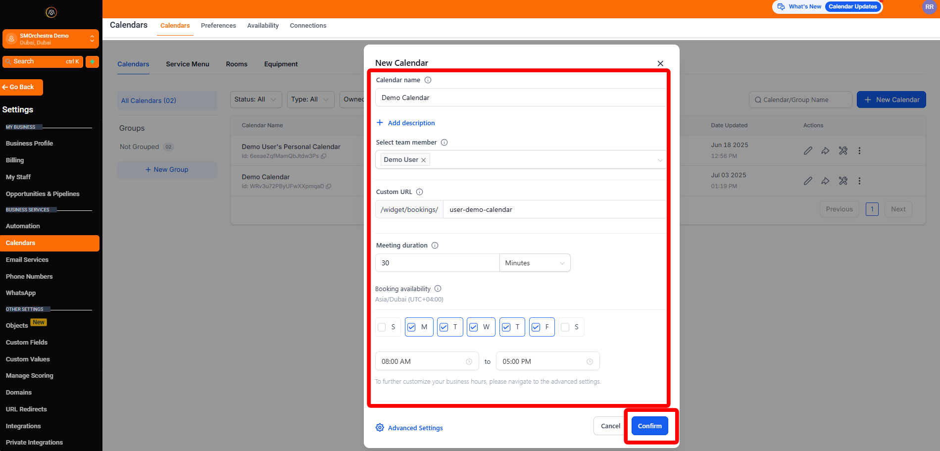  تأكيد إنشاء التقويم